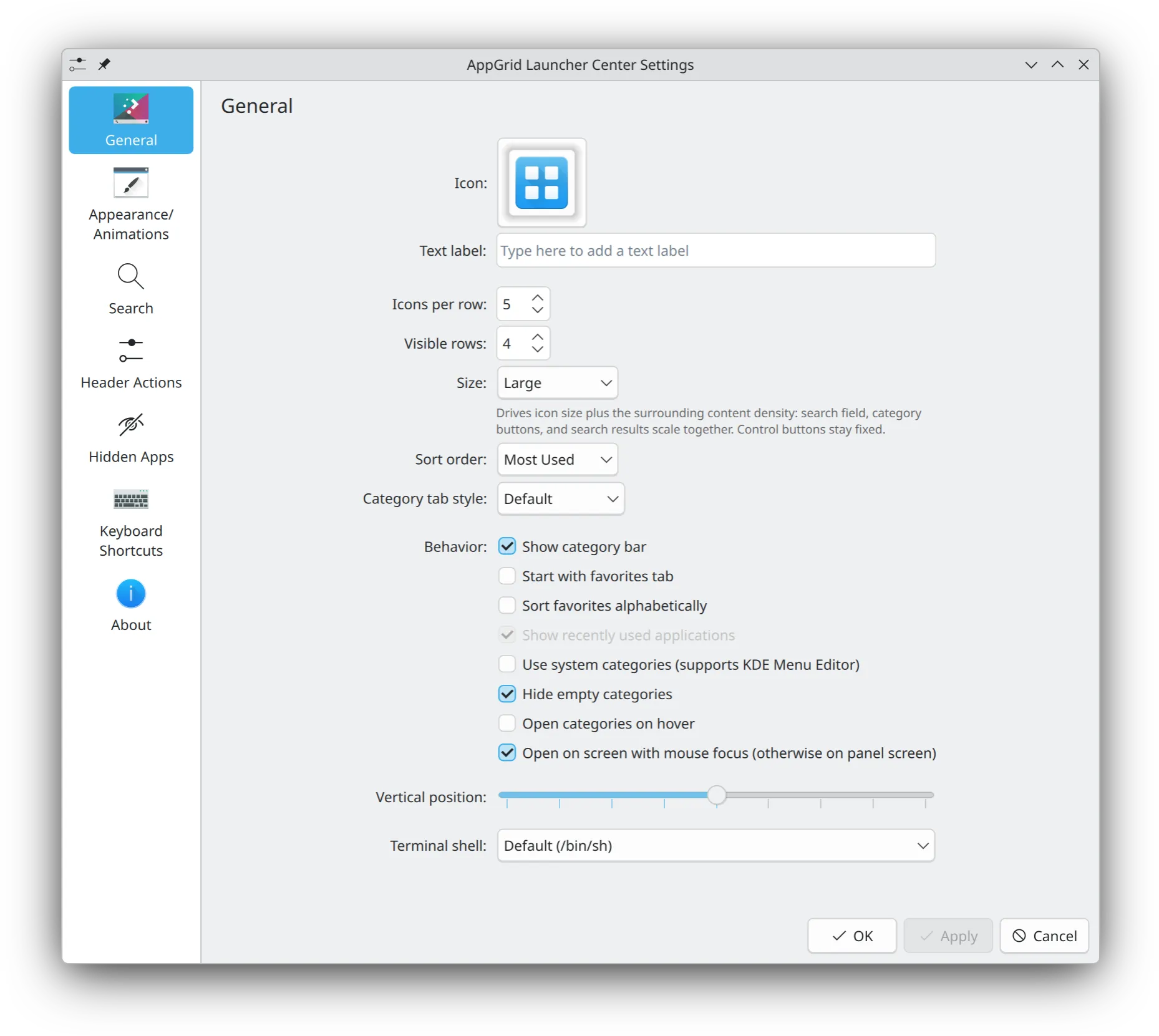 AppGrid settings panel