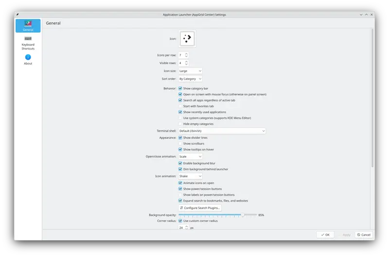 Settings panel